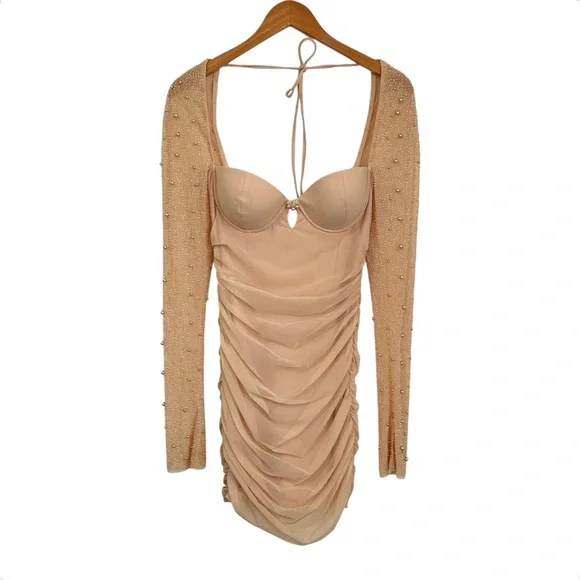Oh Polly St. Germain Ruched Embellished Beaded Long Sleeve Mini Dress Sz 6 Beige - Picture 4 of 12
